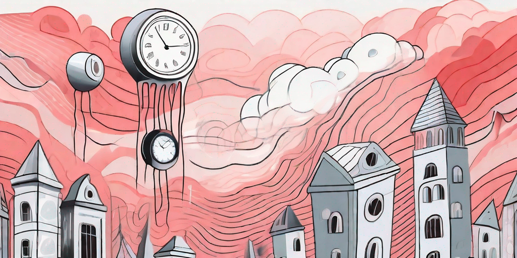 A chaotic dreamscape with distorted reality elements such as floating clocks