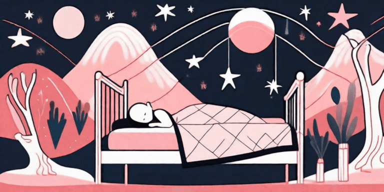 A dreamlike setting with a bed floating in a starry night sky
