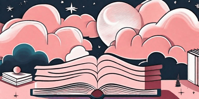 A surreal landscape with floating books and dreamy elements like clouds