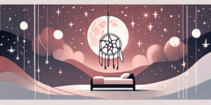 A serene nightscape with a bed floating in the sky among the stars and a dreamcatcher hanging from a moon
