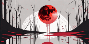 A shattered mirror reflecting a blood-red moon