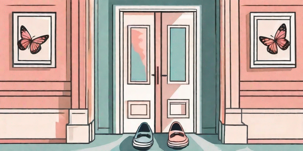 A pair of empty shoes next to a doorway