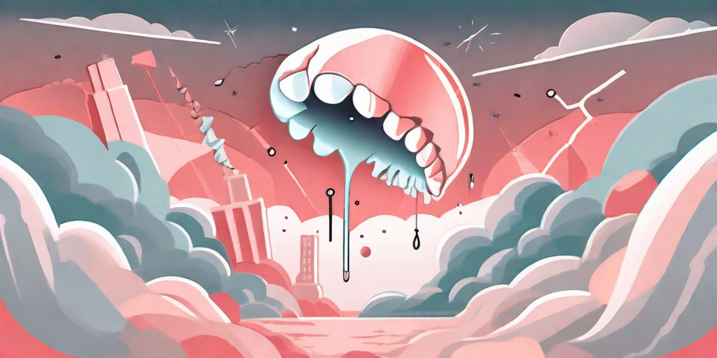 A dreamlike scene featuring a tooth falling from a surreal