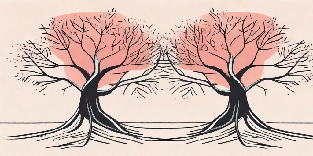 Two intertwined trees with one tree's branches reaching out towards a separate