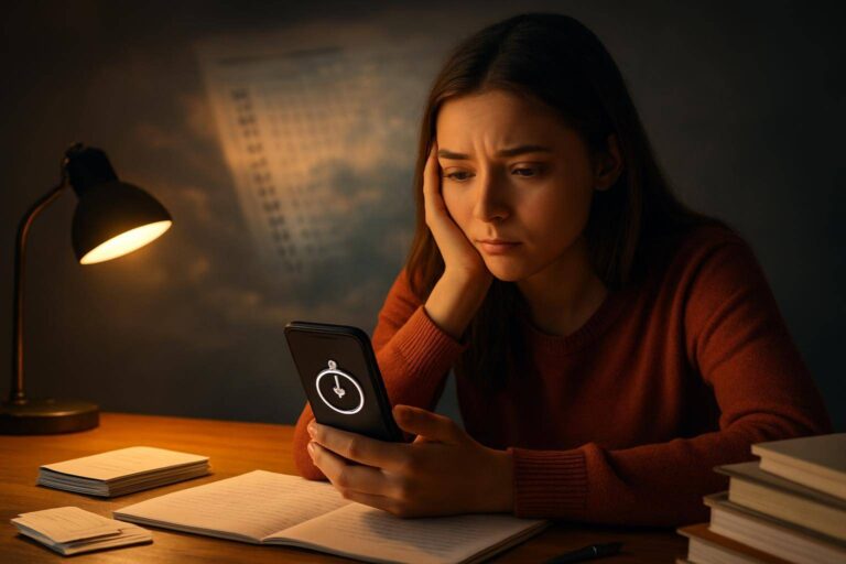 Junge Frau lernt abends und wirkt angespannt, während ein Traum-Überlagerungsbild im Hintergrund angedeutet ist.