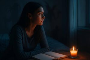 Eine Frau sitzt nachts am Bett und hält eine Notiz in der Hand, wirkt nachdenklich und angespannt, aber nicht allein.