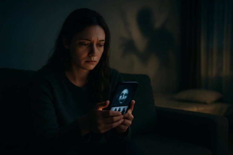Junge Frau nach Horrorserie, wirkt angespannt, während ihr Schlaf gestört sein könnte.