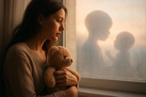 Eine Frau am Morgenfenster mit schützender Geste, dazu eine zarte Traum-Überblendung von Baby und Kind