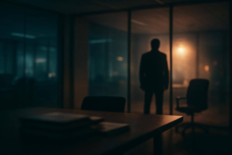 Filmisches Traum-Büro mit Meeting-Stimmung und Chef-Silhouette im Hintergrund