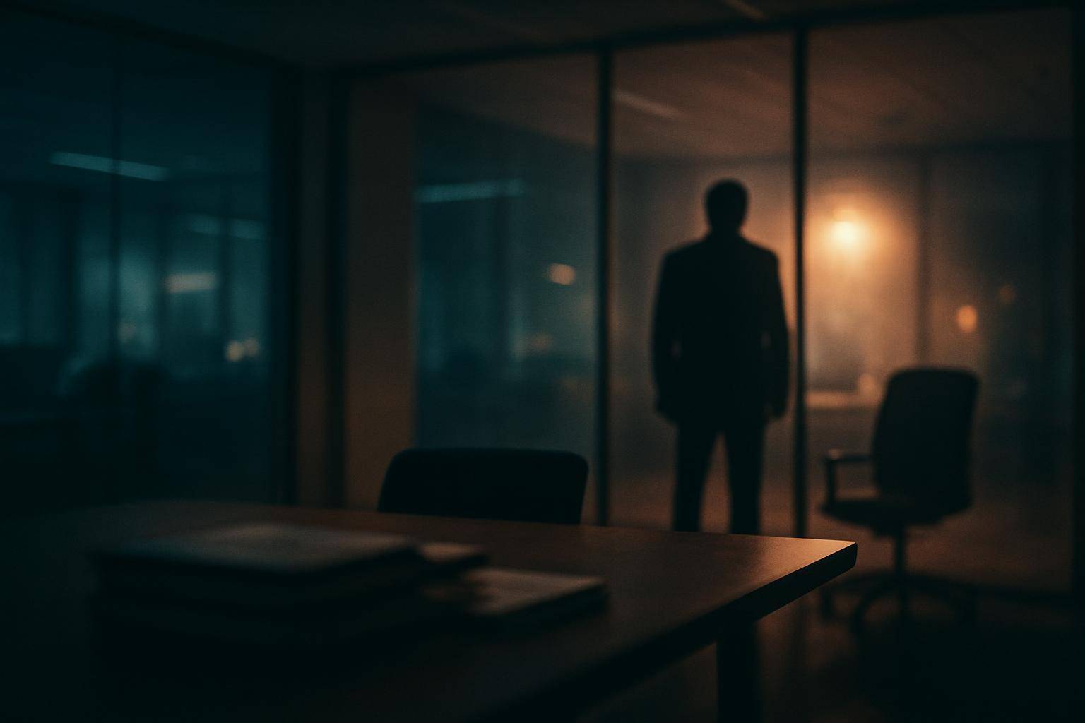 Filmisches Traum-Büro mit Meeting-Stimmung und Chef-Silhouette im Hintergrund