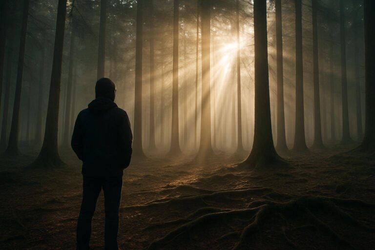 Im Traum-Wald: Baumstämme, sichtbare Wurzeln und Lichtstrahlen zwischen Dunkelheit und Orientierung