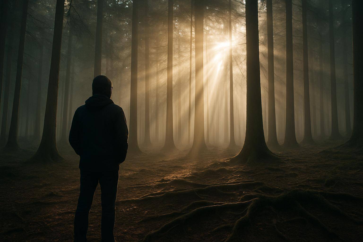 Im Traum-Wald: Baumstämme, sichtbare Wurzeln und Lichtstrahlen zwischen Dunkelheit und Orientierung