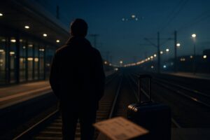 Traumhafte Bahnhofszene mit Gepäck, die für Übergang und Aufbruch steht
