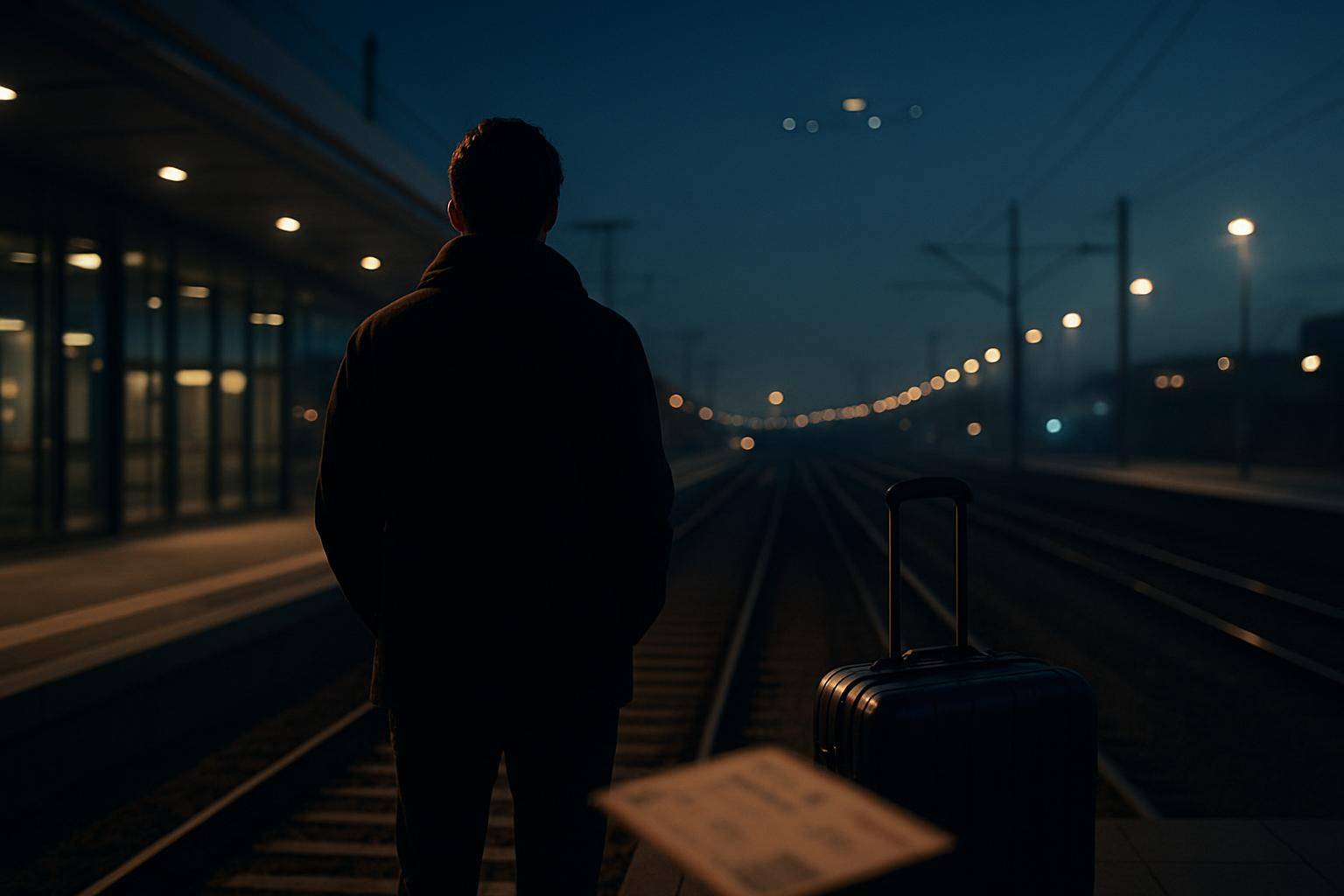 Traumhafte Bahnhofszene mit Gepäck, die für Übergang und Aufbruch steht