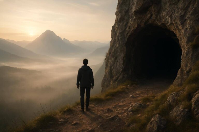 Berge, eine dunkle Höhle und ein weiter Horizont im traumhaften Licht