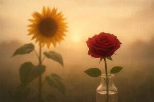 Sonnenblume und Rose im warmen Morgenlicht als Traum-Symbol für Gefühle und Entwicklung