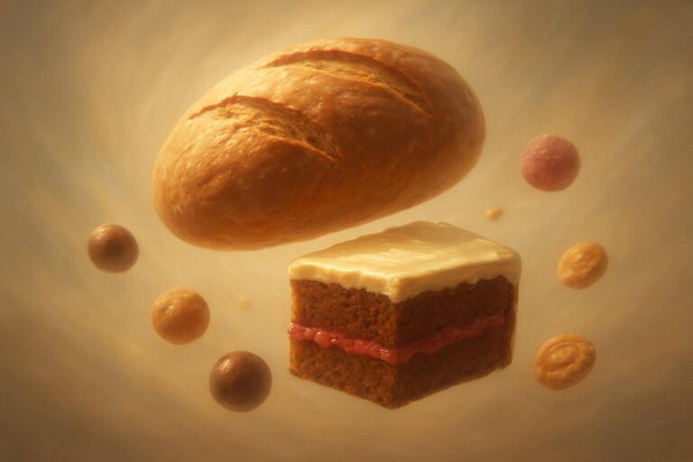 Brot, Kuchen und Süßes im warmen Traumlicht als Symbol für Trost, Fülle und Kindheit.