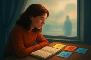 Illustration einer Frau, die ihre Träume in einem Notizbuch einordnet, statt Mythen zu glauben.