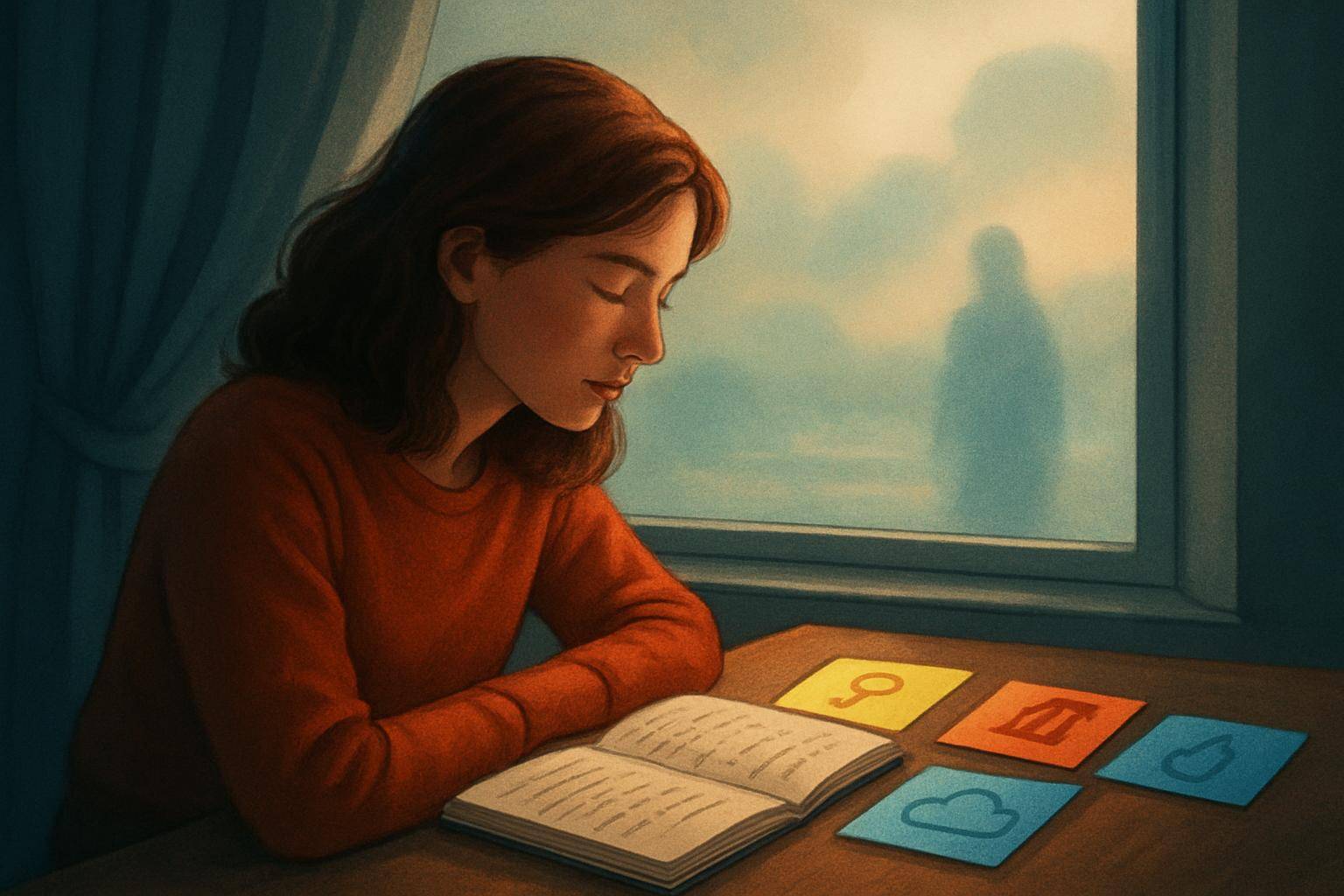 Illustration einer Frau, die ihre Träume in einem Notizbuch einordnet, statt Mythen zu glauben.