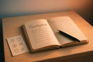 Traumtagebuch mit Stift und Leitfrage-Karte am Nachttisch bei Morgenlicht